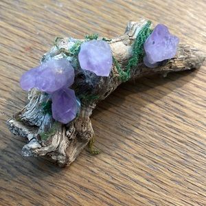 Handmade beautiful raw purple amethyst on driftwood woodland